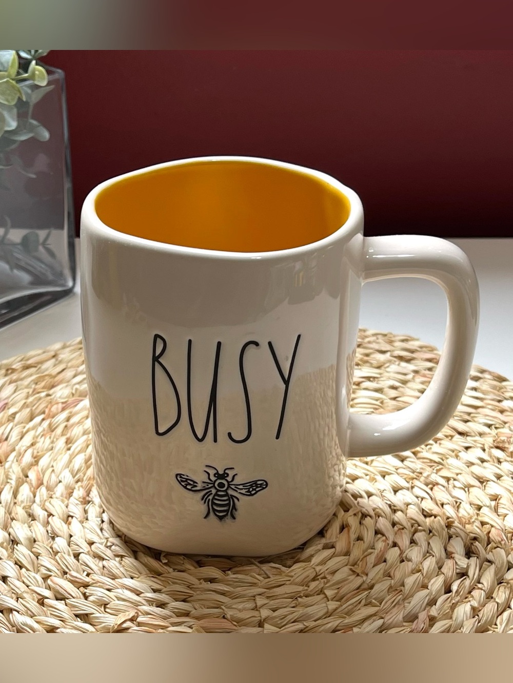 Rae Dunn BUSY Bee Coffee Mug White and  Yellow Interior